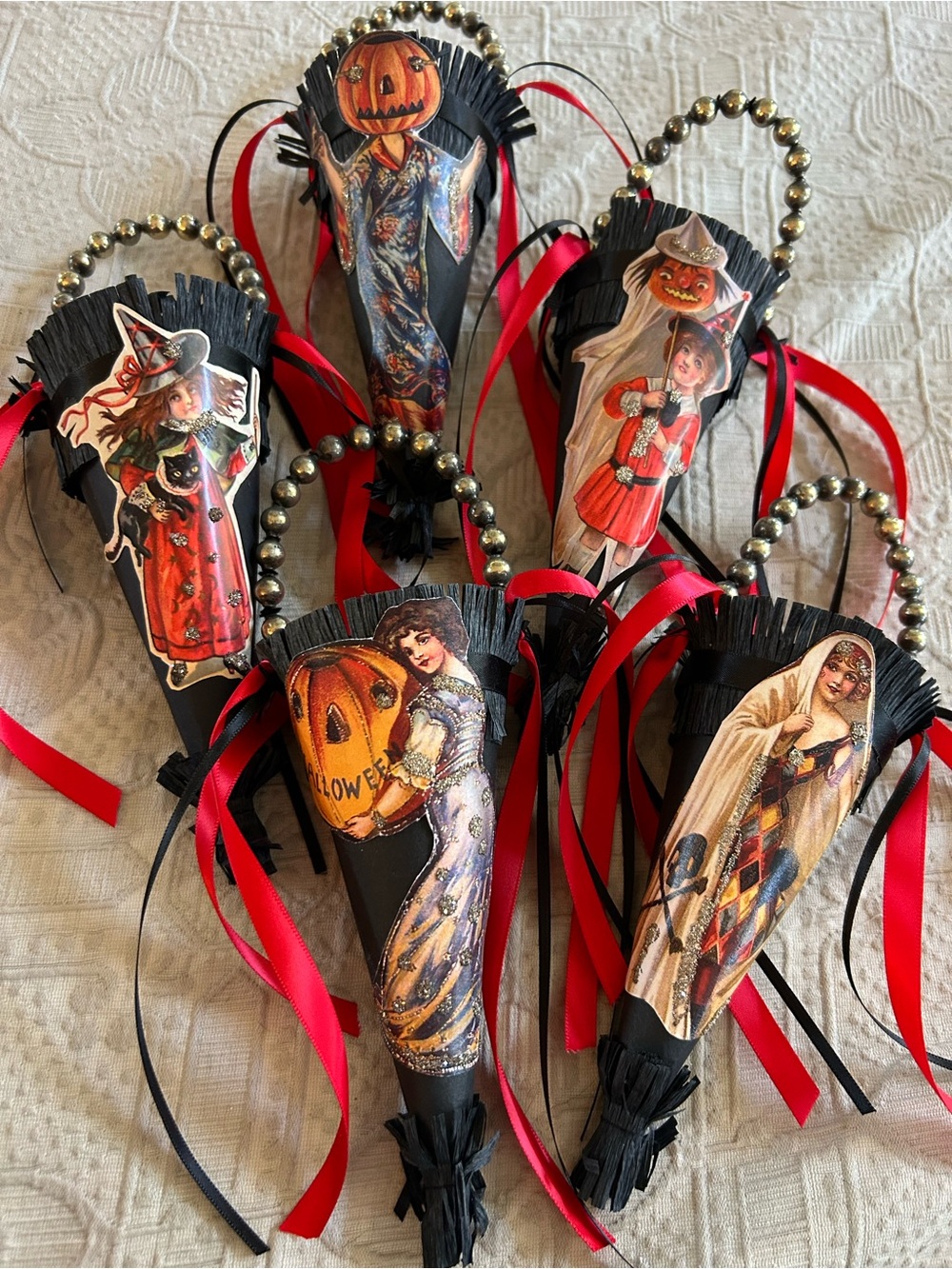 Vintage repurposed holiday Halloween Candy Cone Ornaments